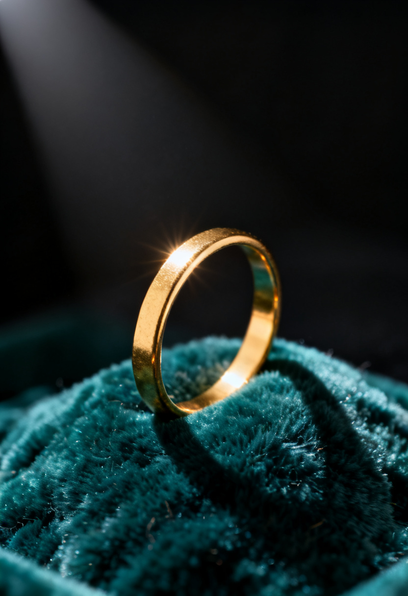 Koyu kadife üzerinde makro çekilmiş altın yüzüğün detayı