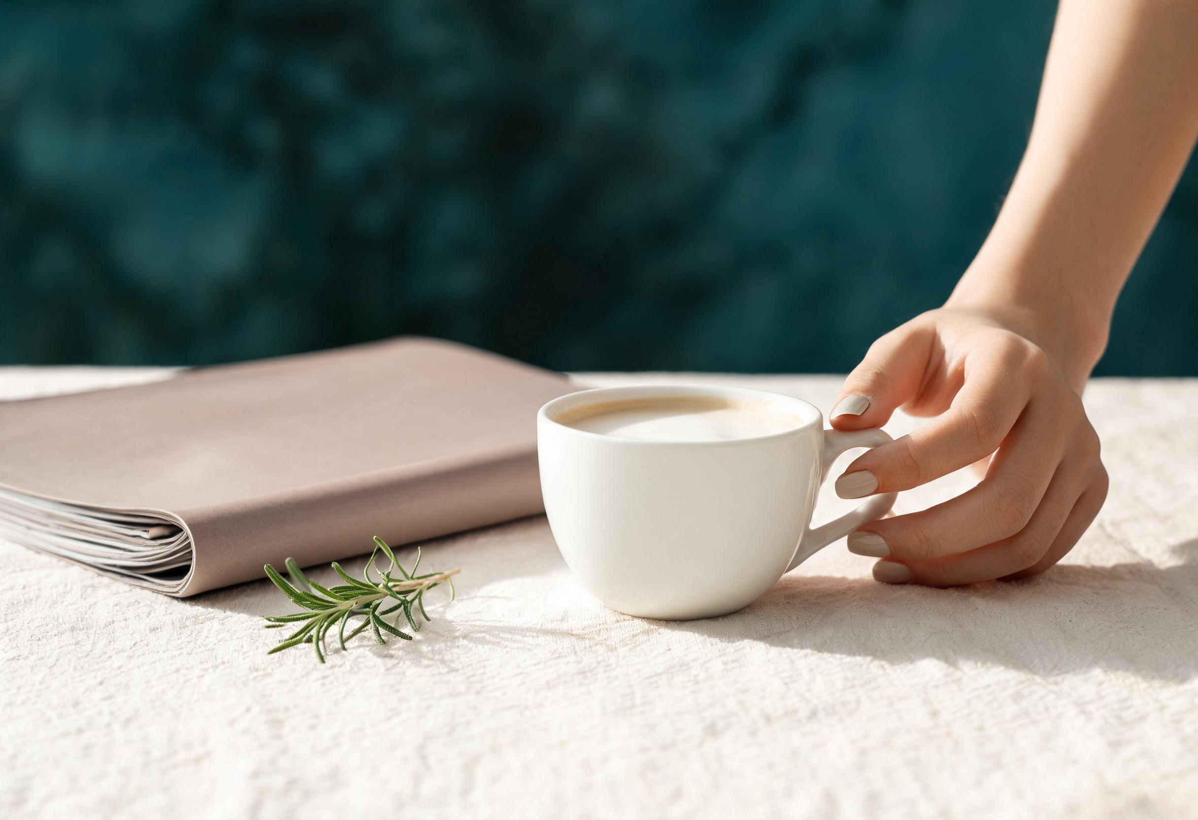 Pastel zeminde kahve fincanı tutan bir elin sosyal içerik kompozisyonu