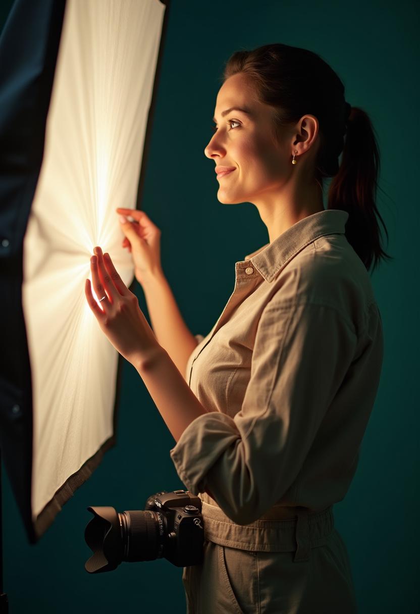 Stüdyoda softbox ışığı ayarlayan kadın fotoğrafçı Zeynep Arslan
